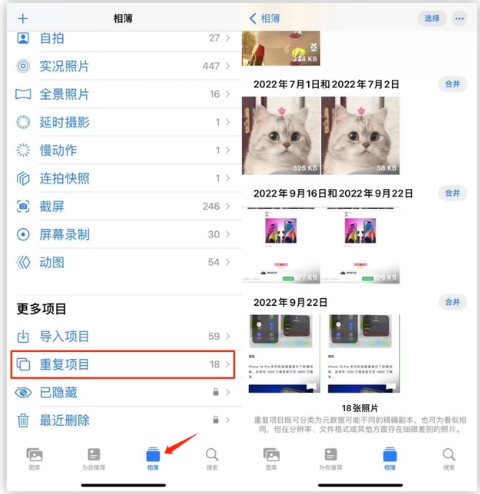 龙沙苹果手机维修分享iOS 16 中相册重复项目功能使用方法 